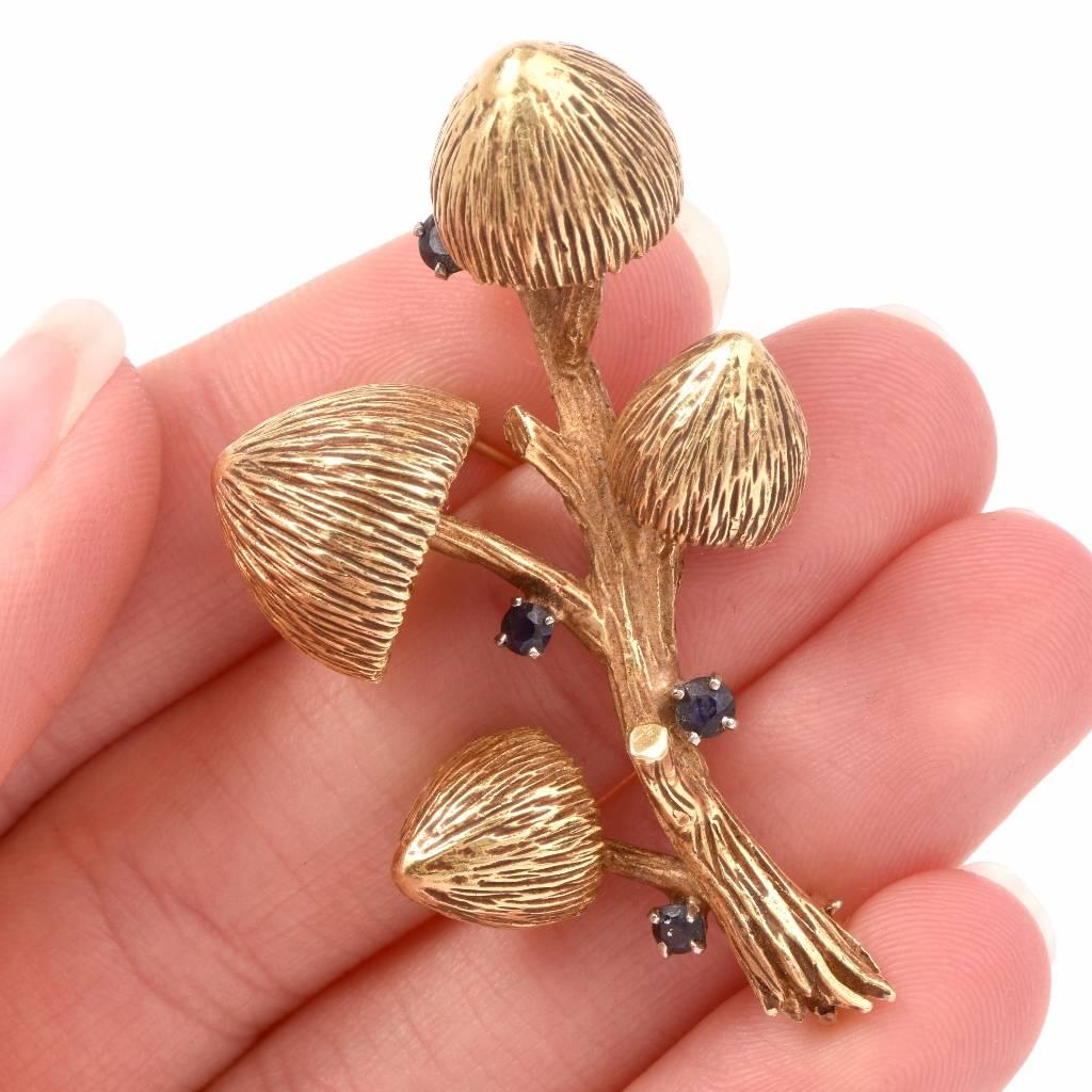 Retro E. Pearl Sapphire Gold Mushroom Brooch Pin