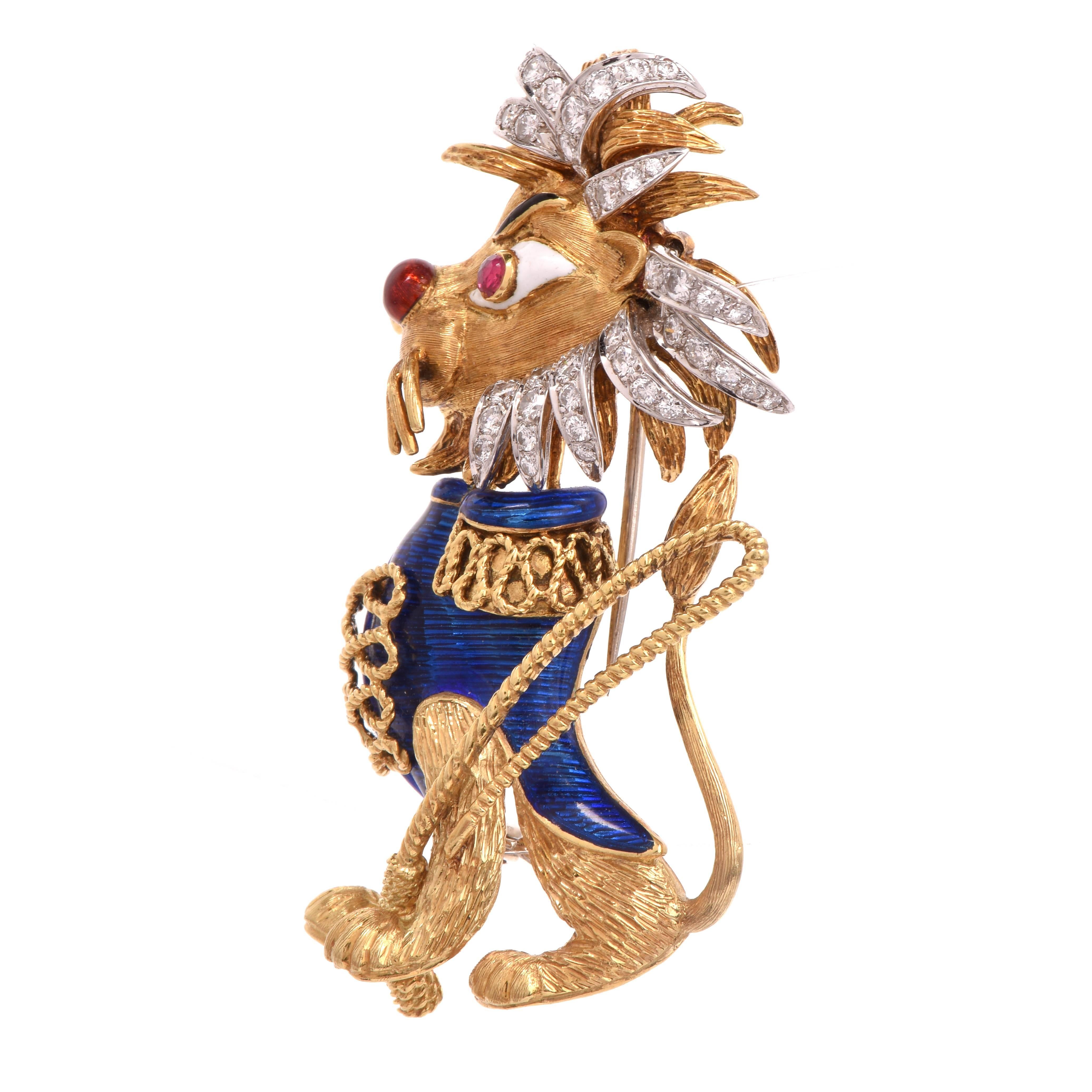 Retro Lapis Lazuli Diamond Gold Lion Lapel Brooch and Pendant