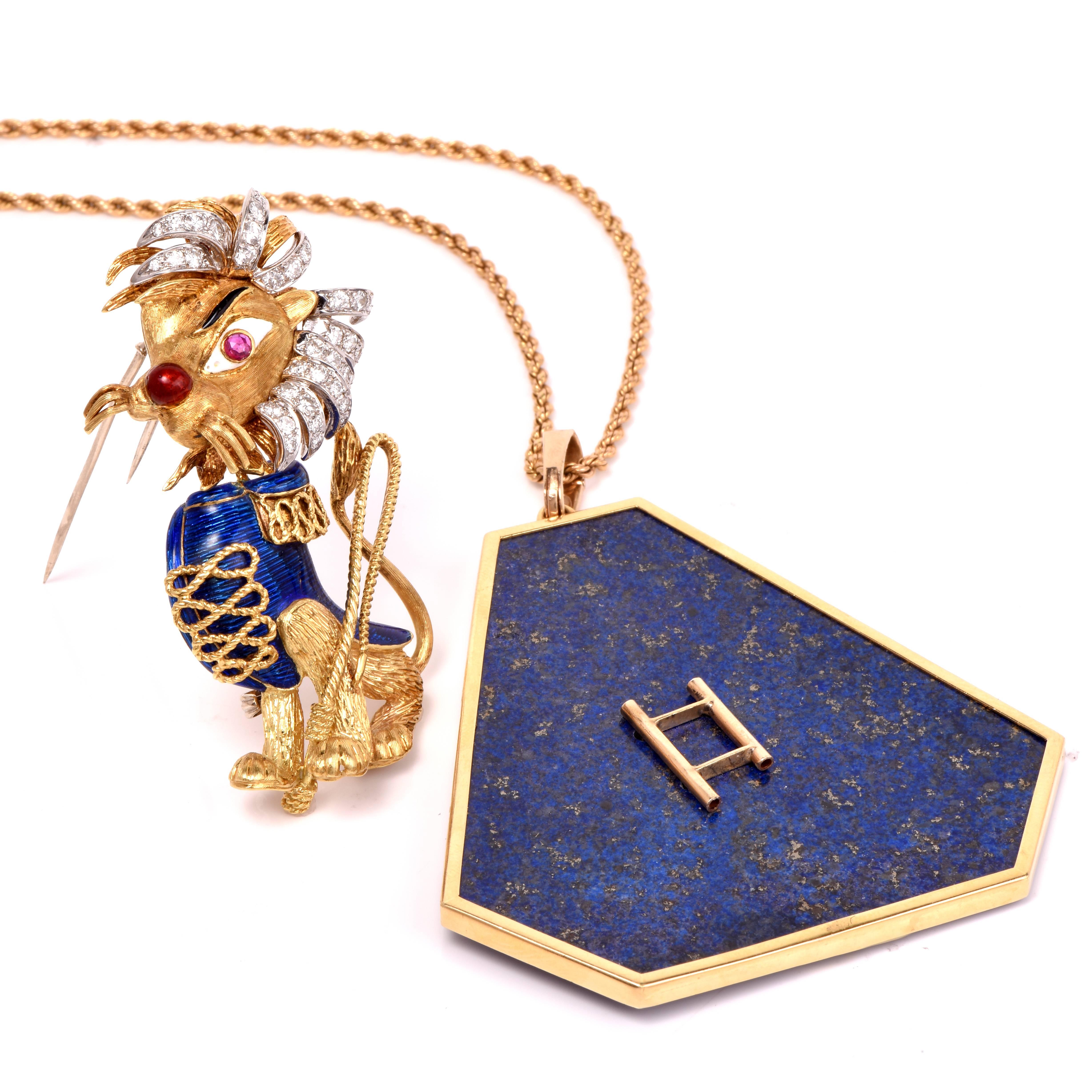 Women's Lapis Lazuli Diamond Gold Lion Lapel Brooch and Pendant