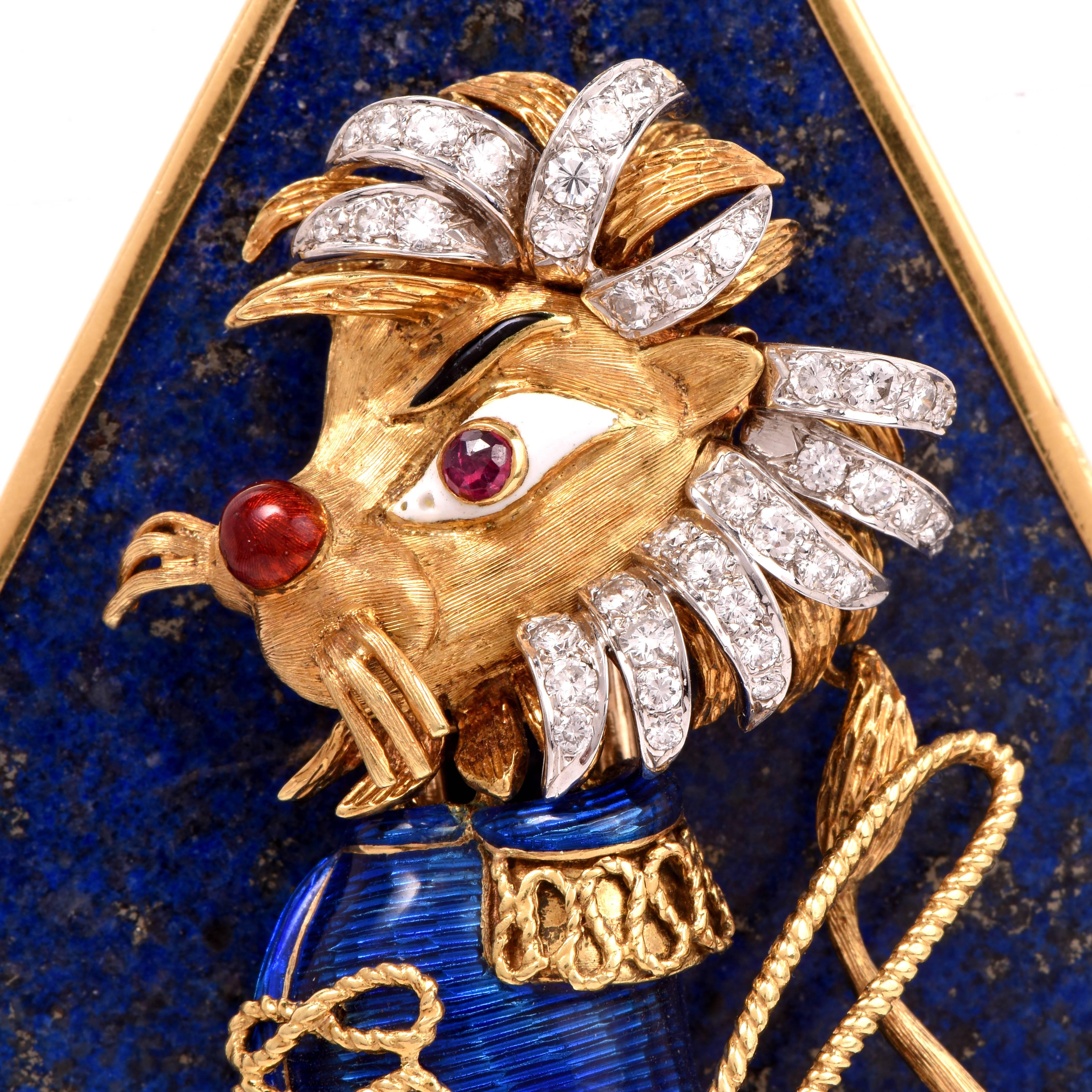 Lapis Lazuli Diamond Gold Lion Lapel Brooch and Pendant 2
