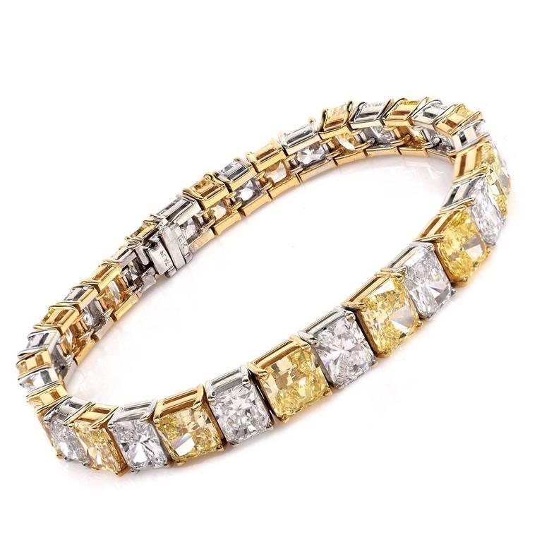 Emerald Cut Natural Fancy Vivid Yellow and Extra White Diamond Platinum Gold Bracelet For Sale