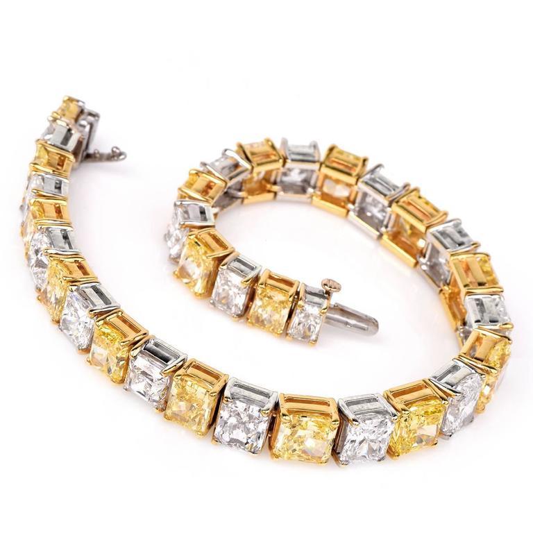 Bracelet en or et platine avec diamants naturels de couleur jaune vif et extra blanc en vente 2