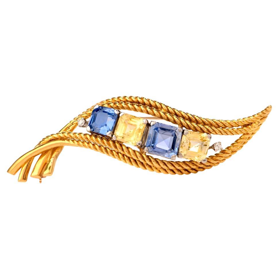 1960s Natural No Heat Yellow Blue Sapphire Diamond 18k Gold Scroll Pin Brooch