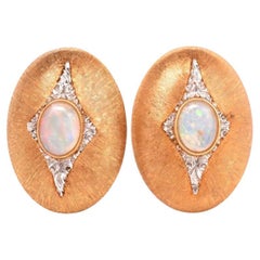 1980s Buccellati Vintage Opal Diamond 18 Karat Yellow Gold Oval Clip On Earrings