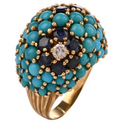 Vintage 1970s Chic Turquoise Sapphire Diamond 18 Karat Gold  Dome Bombe Ring