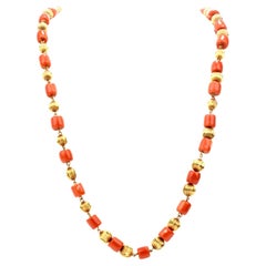 1970s Red Natural Coral Beads 18 Karat Gold Strand Necklace