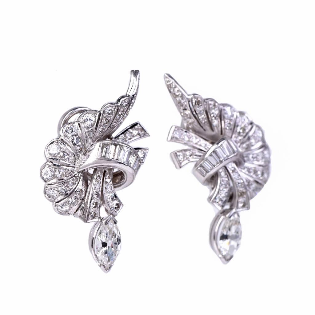 Diamond Platinum Cluster Drop Earrings 1