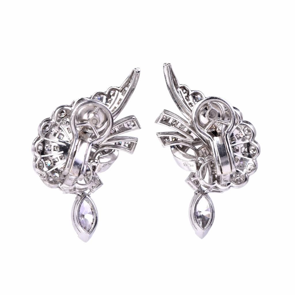 Diamond Platinum Cluster Drop Earrings 2