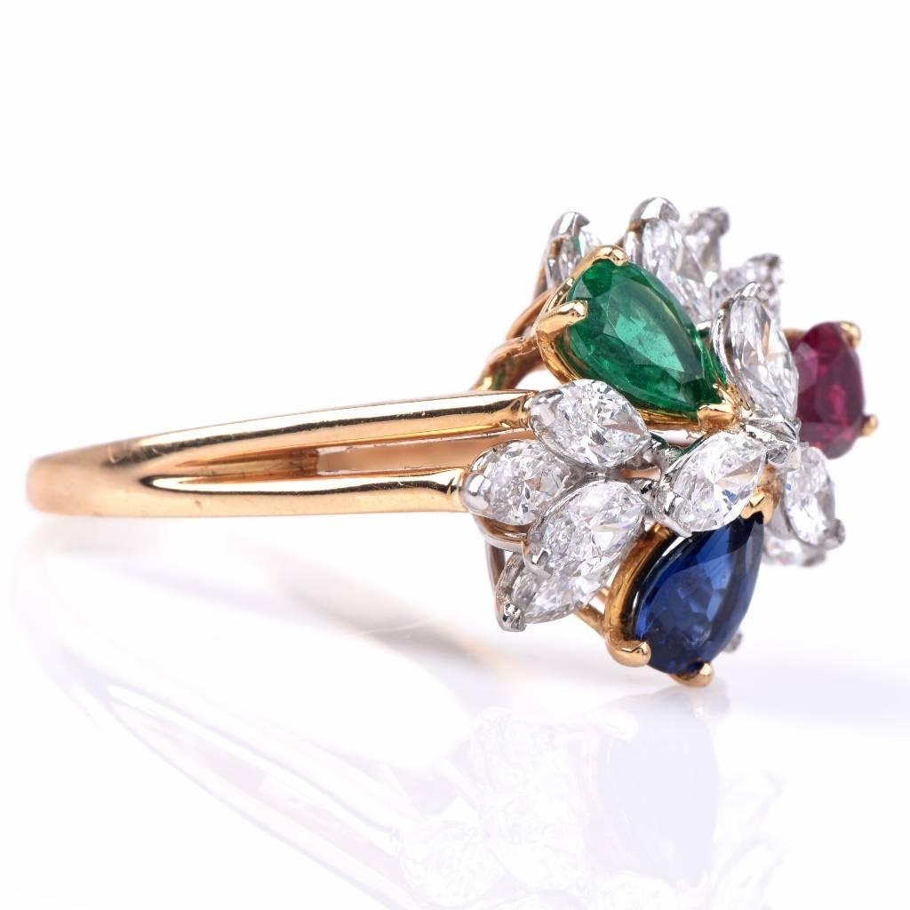 Oscar Heyman Diamond Ruby Emerald Sapphire Gold Cluster Ring In Excellent Condition In Miami, FL