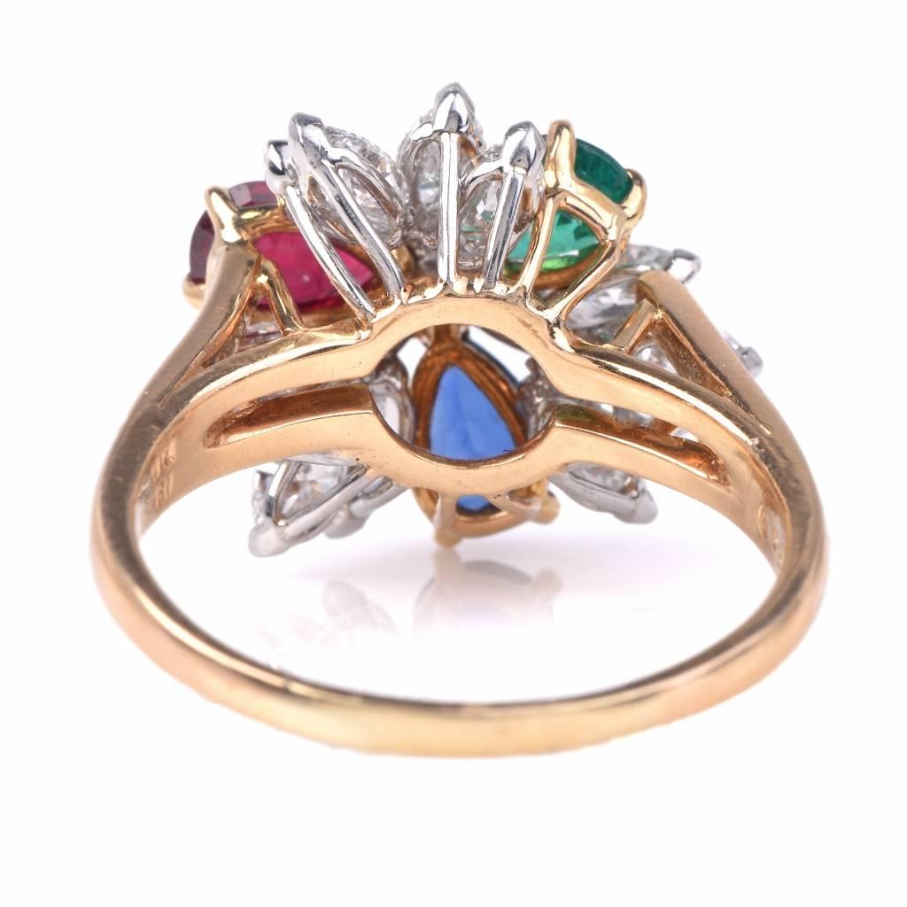 Women's Oscar Heyman Diamond Ruby Emerald Sapphire Gold Cluster Ring