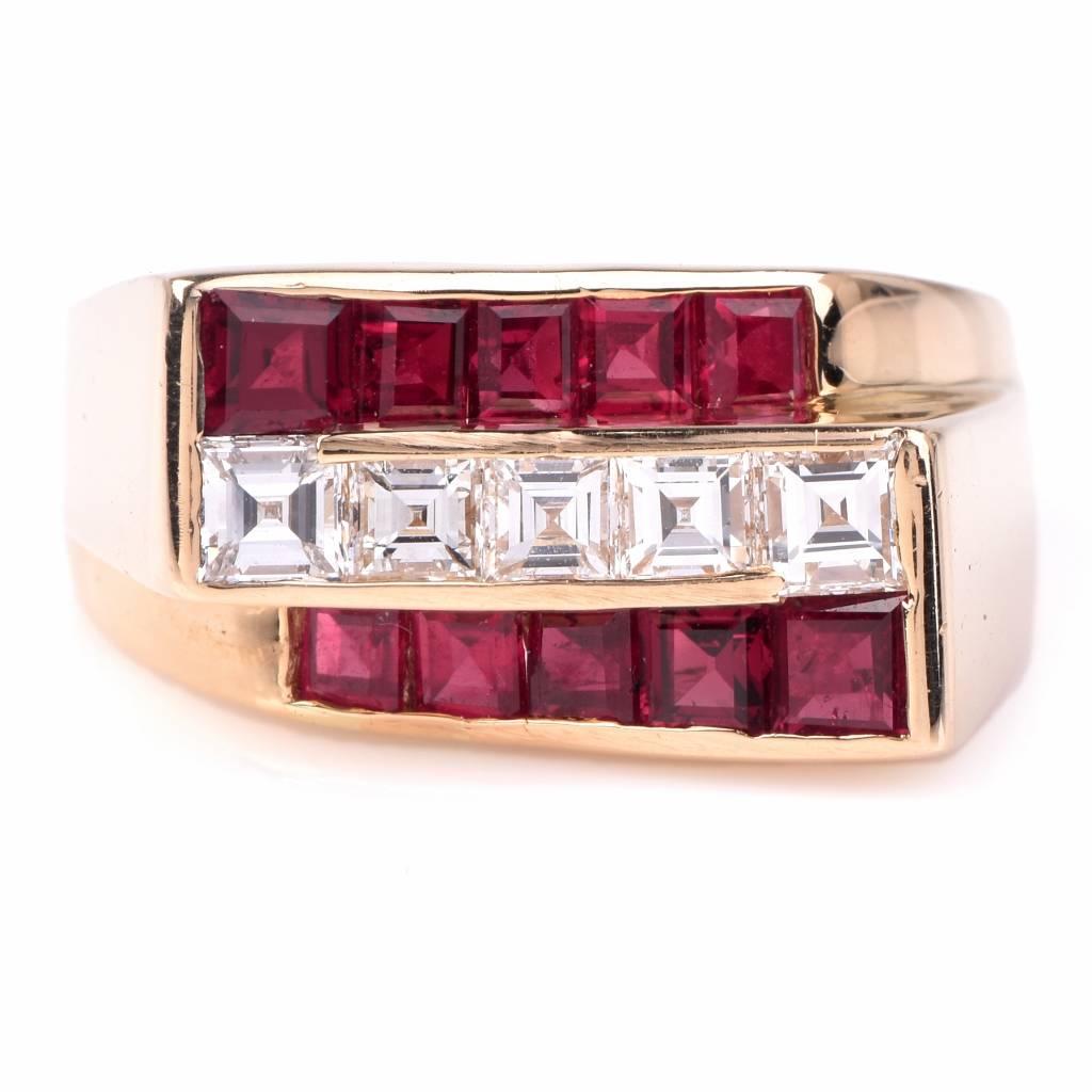 Oscar Heyman is well known for his high quality gemstones and workmanship. This Oscar Heyman ring  is set in beautiful and unique settings and finely crafted in solid 18K yellow gold. A geometrical design of three rows is set with 10 genuine square