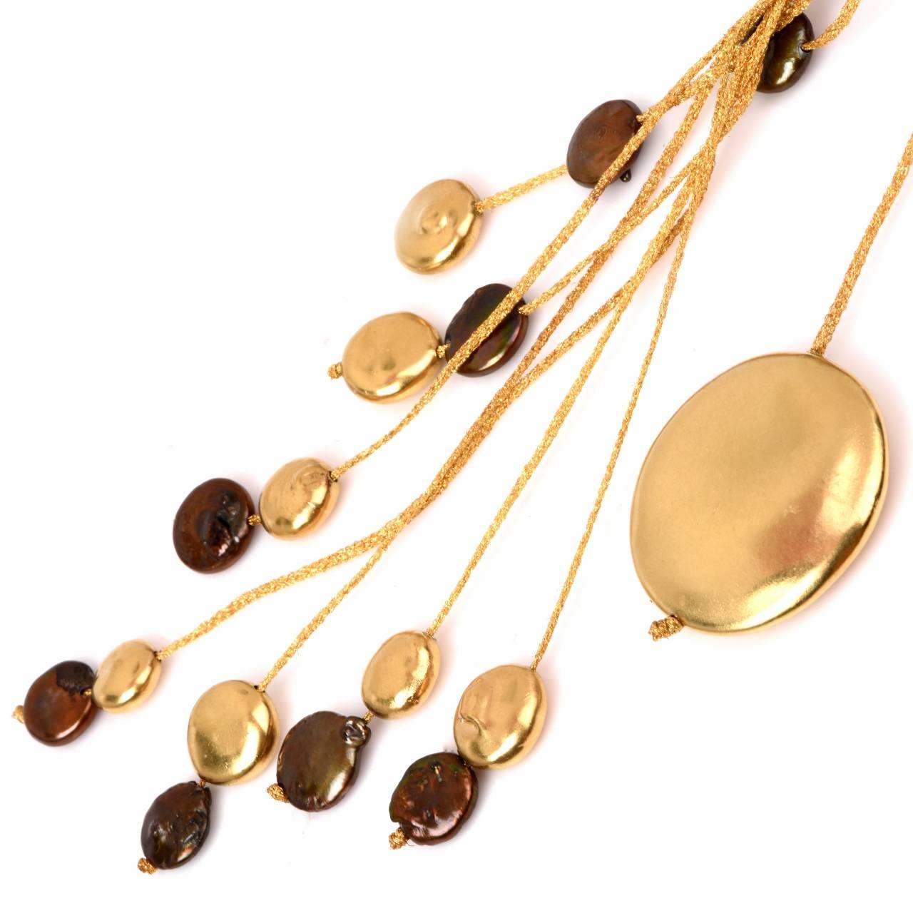Calgaro Designer Italian  Gold and Pearl Mesh Necklace In Excellent Condition In Miami, FL