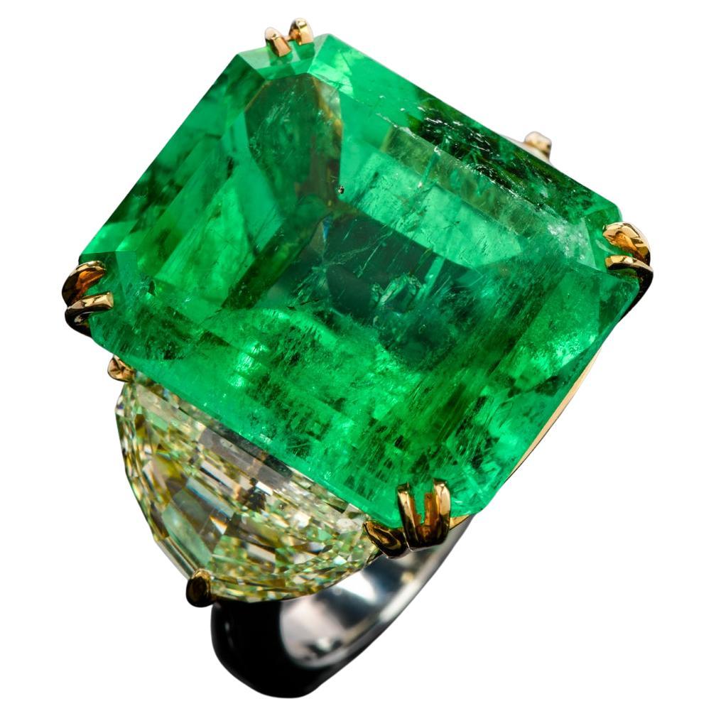 Large Emerald Fancy Yellow Half Moon Diamond 18 Karat Platinum Cocktail Ring