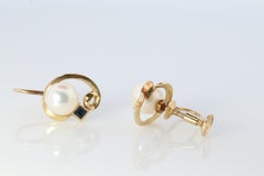 Mikimoto Earrings. 14k Gold Mikimoto Pearl and Sapphire Clip Ons. Unpierced