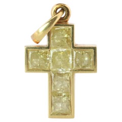 Genuine Cartier Cross Fancy Yellow Diamond Pendant 18k YG Diamond Illusion Charm