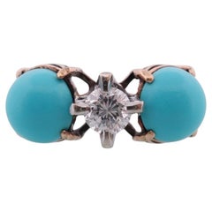 10k Large Turquoise Cabochon and 1/2ct Diamond Ring. 14k Trio Triology Three