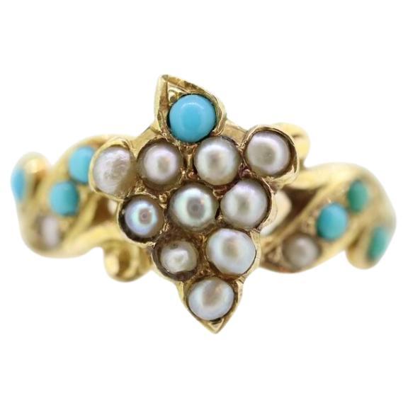Victorian 10k Turquoise Cabochon and Pearl Seed Ring. 10k Victorian ornate Vine