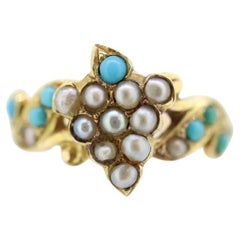 Victorian 10k Turquoise Cabochon and Pearl Seed Ring. 10k Victorian ornate Vine