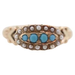 Victorian 10k Turquoise Cabochon and Pearl Seed Ring. 10k Victorian ornate