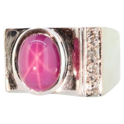 14k Star Ruby diamond ring. 14k White Gold Mens Star Ruby Cabochon signet ring.