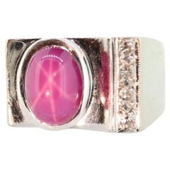 14k Star Ruby diamond ring. 14k White Gold Mens Star Ruby Cabochon signet ring.
