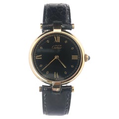 Cartier Watch. Must de Cartier BLACK Vendome Round Argent Vermeil 30mm Dial.