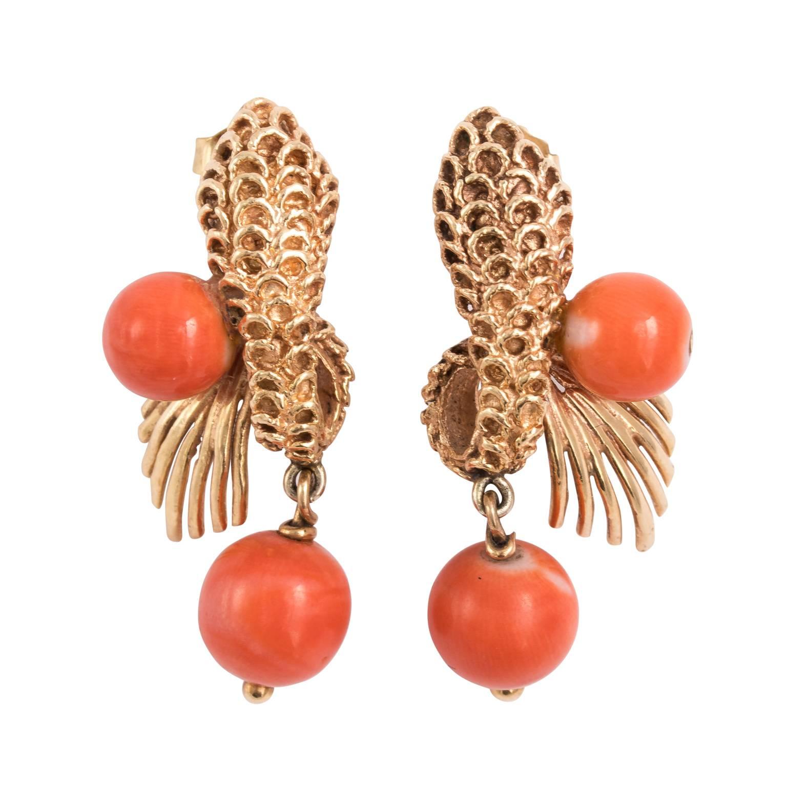 summer earrings Natural red coral earrings and coral paste pearls