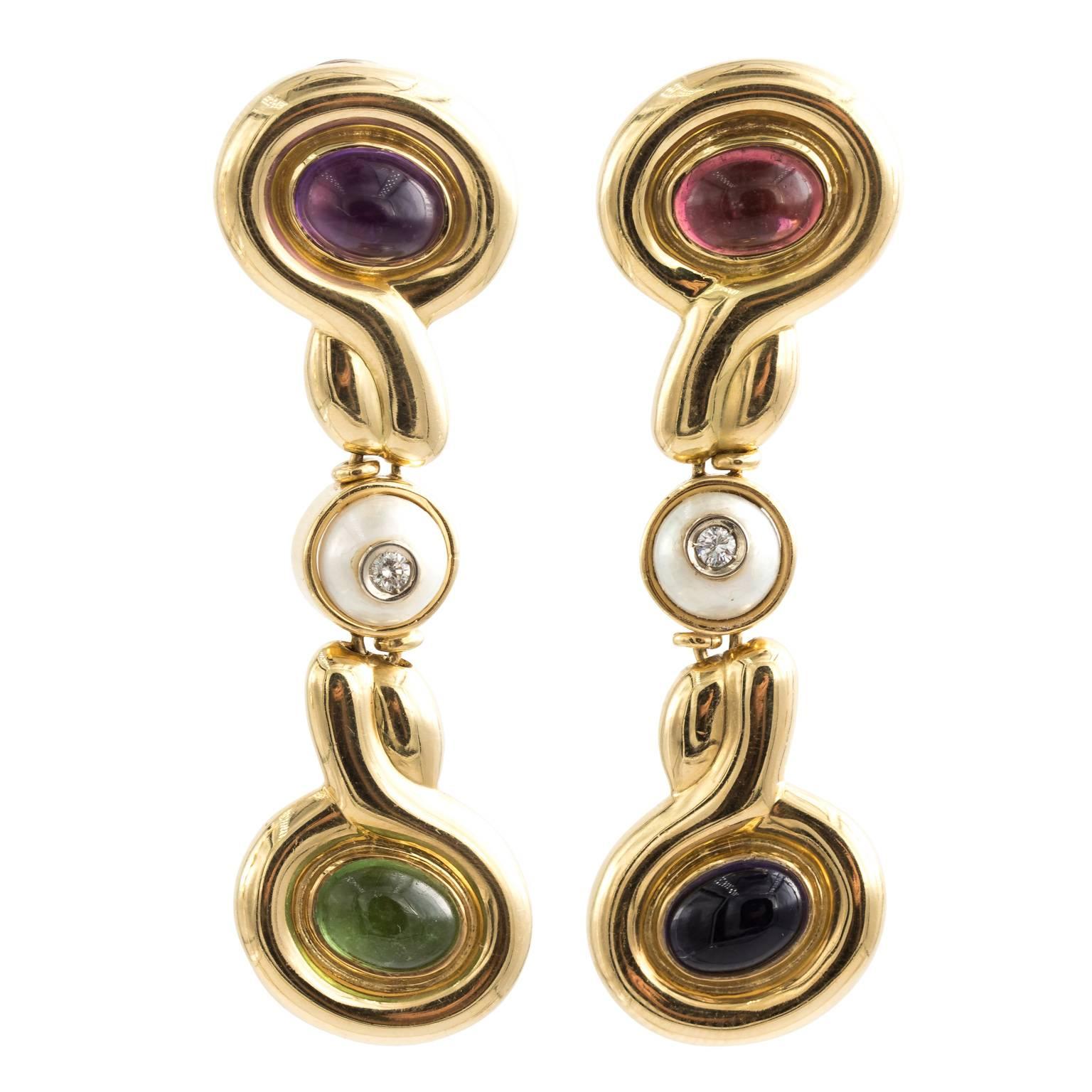 18 Karat Gold Multi-Gem Italian Designer Earrings, Long Dangle Tourmaline