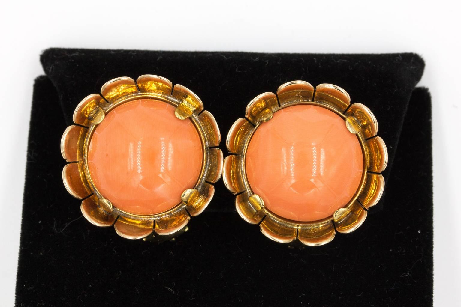 Coral and 18 Karat Gold Flower Earrings 1