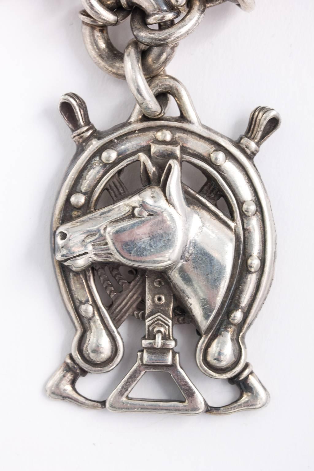 Kieselstein woven leather necklace featuring sterling silver rare horse motif pendant. Necklace measures 16.00 inches when clasped. pendant is another 2 inches in length.
PERIOD:1980s-Present
MATERIALS:Leather, Silver
