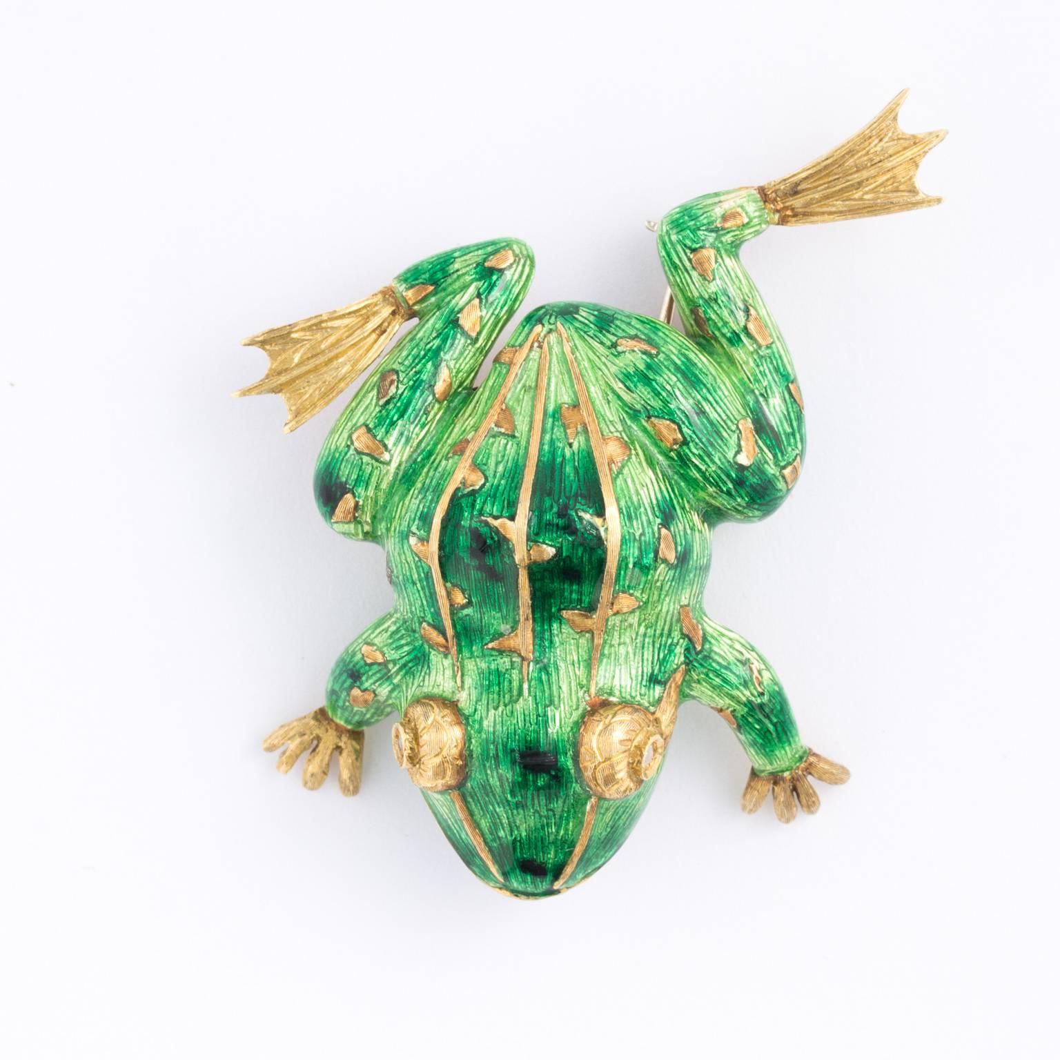 Designer 18 Karat Yellow Gold Diamond and Enamel Frog Brooch In Excellent Condition In St.amford, CT