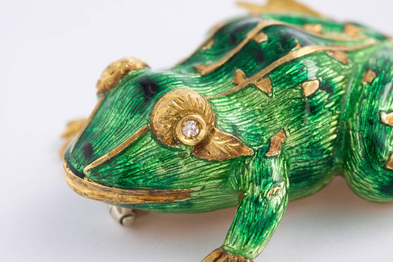 Women's or Men's Designer 18 Karat Yellow Gold Diamond and Enamel Frog Brooch