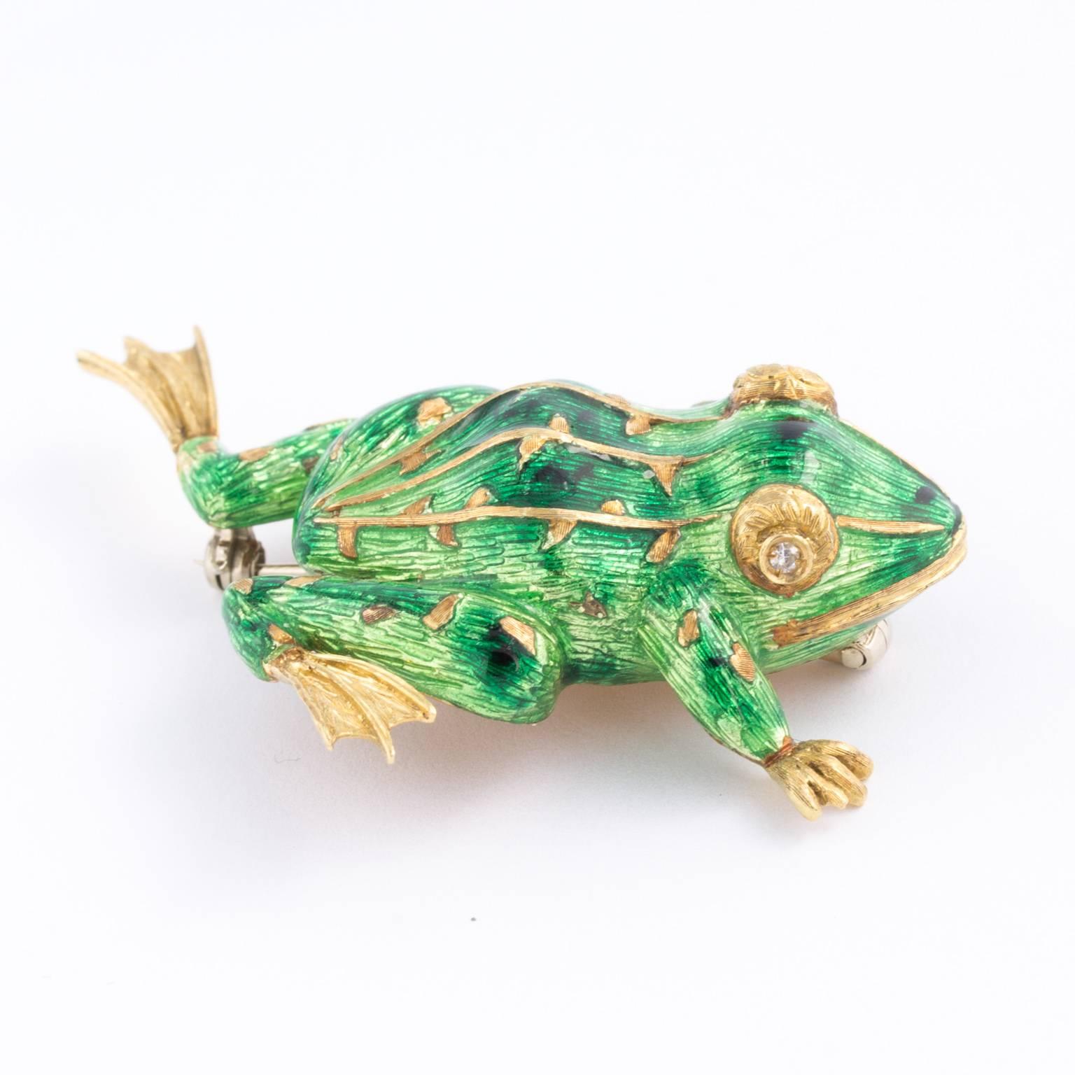 Designer 18 Karat Yellow Gold Diamond and Enamel Frog Brooch 2