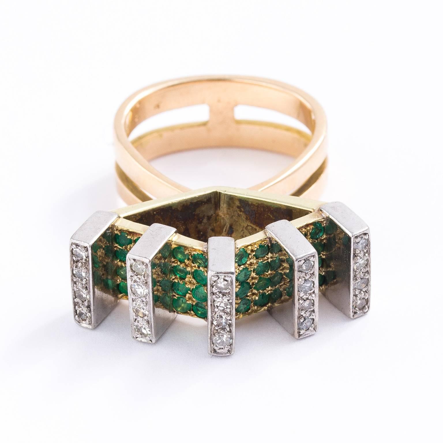 Modernist Emerald and Diamond Ring For Sale