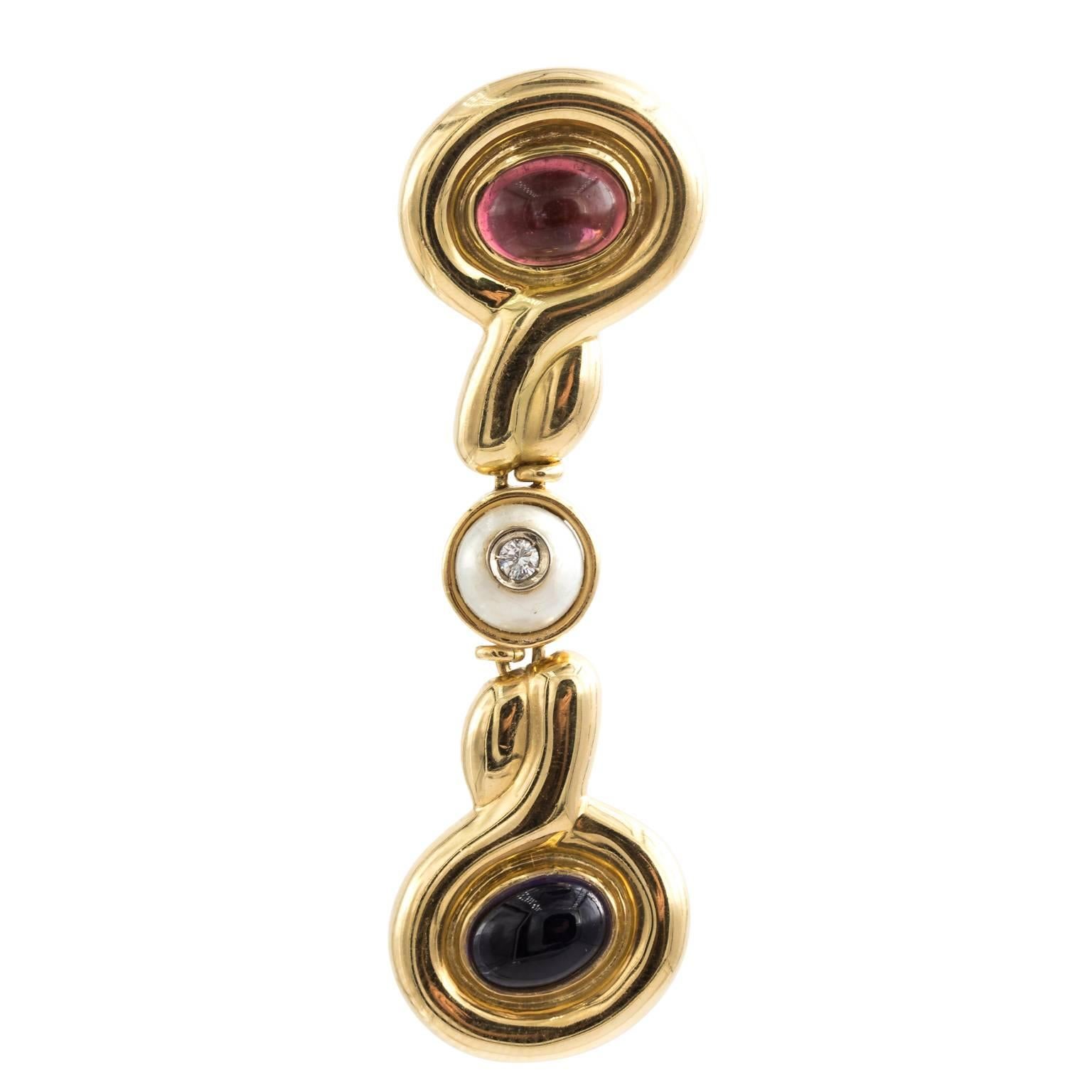 Modern 18 Karat Gold Multi-Gem Italian Designer Earrings, Long Dangle Tourmaline
