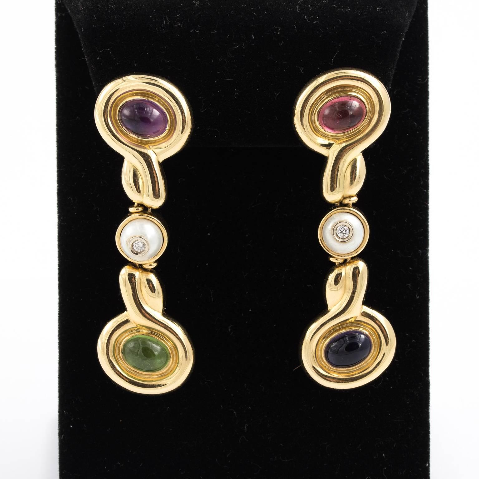 18 Karat Gold Multi-Gem Italian Designer Earrings, Long Dangle Tourmaline In Excellent Condition In St.amford, CT