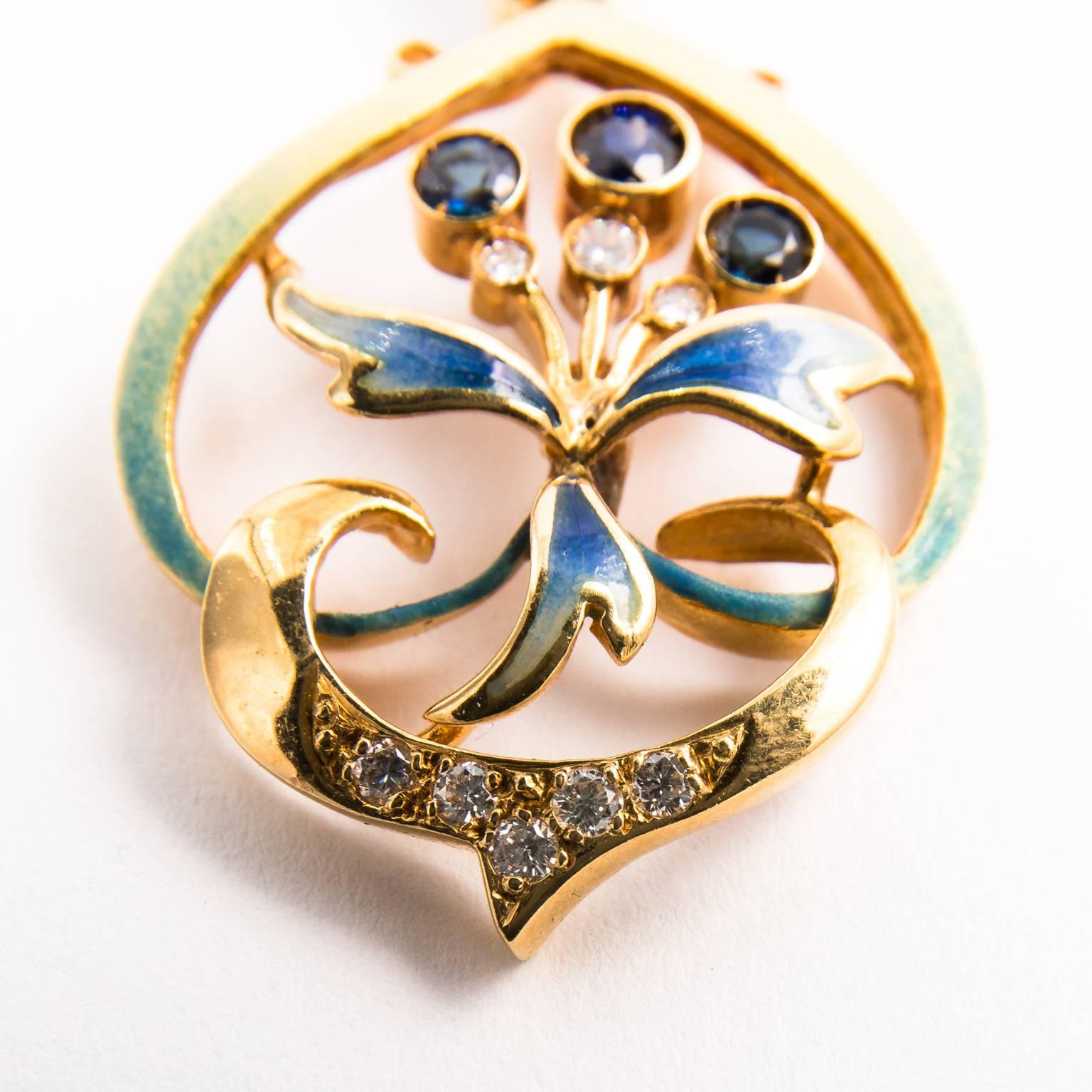 Women's Iconic Art Nouveau 18 Karat Yellow Gold Sapphire Diamonds Pendant