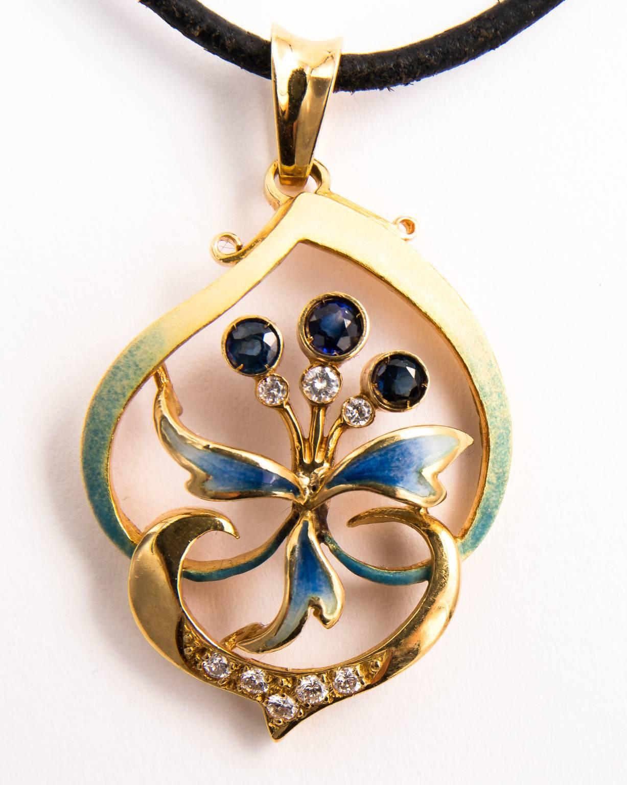 Iconic Art Nouveau 18 Karat Yellow Gold Sapphire Diamonds Pendant 1