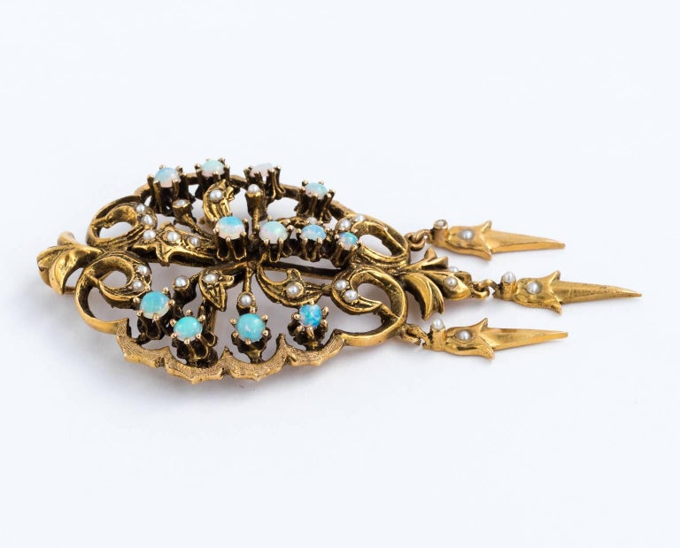 Victorian 14K Yellow Gold Opal Seed Pearl Pin Brooch or Pendant For ...