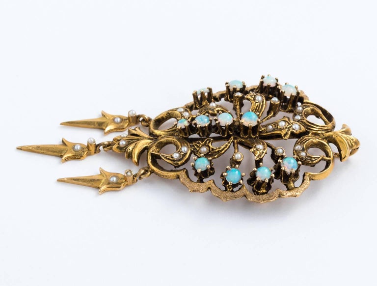 Victorian 14K Yellow Gold Opal Seed Pearl Pin Brooch or Pendant For ...