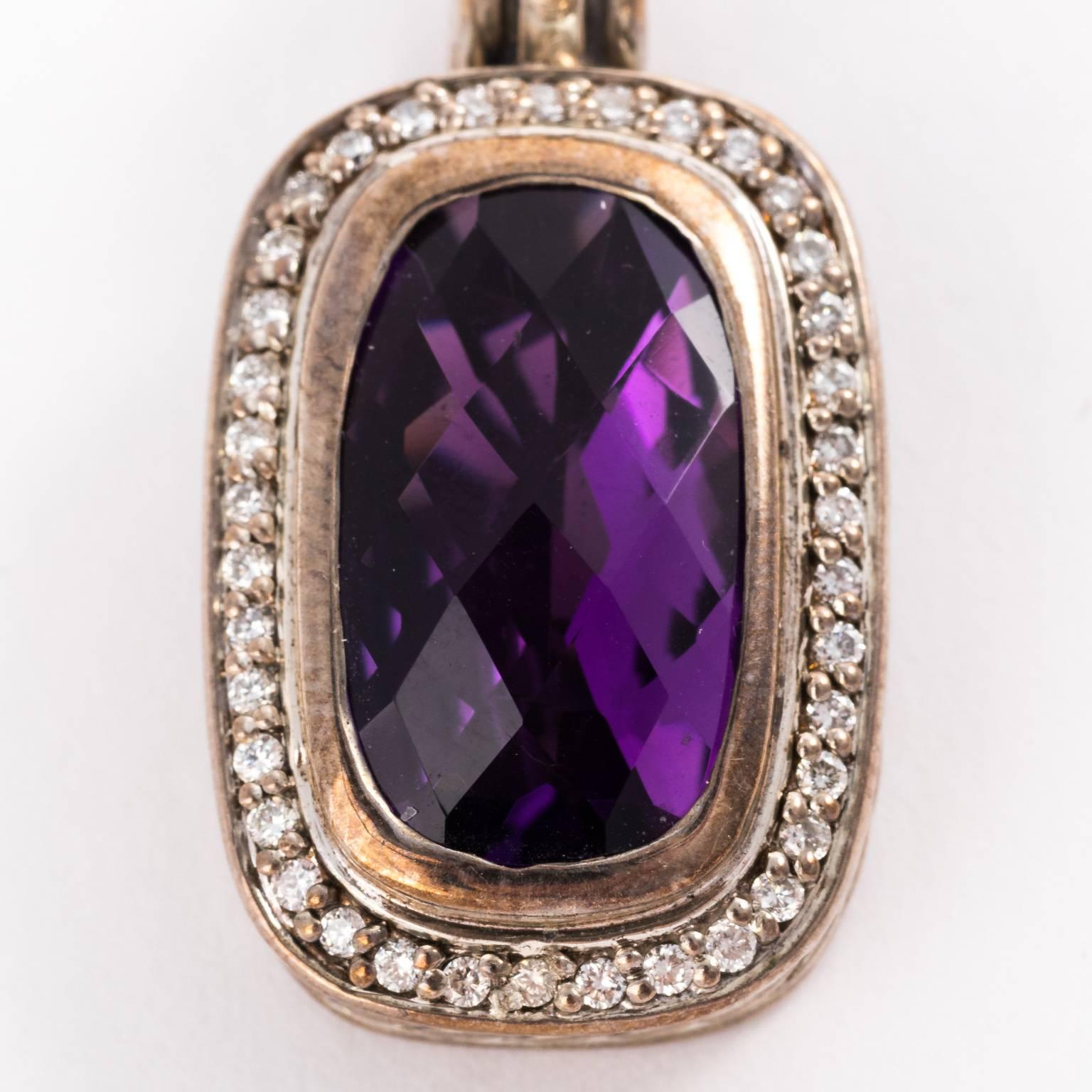 Contemporary David Yurman sterling silver and Amethyst pendant framed with diamonds.
