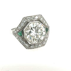 3.00 Carat Old European Cut Diamond & Emerald Art Deco Ring