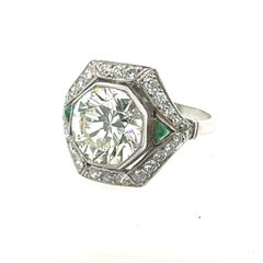 3.00 Carat Old European Cut Diamond & Emerald Art Deco Ring