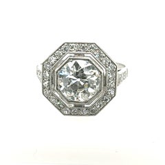 Bague Art déco en platine avec diamant de 2,33 carats, taille européenne, monture octogonale avec halo