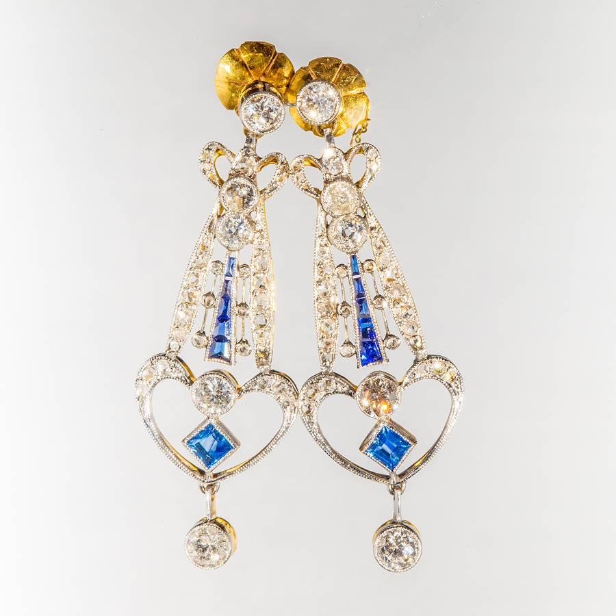 Art deco style sapphire and diamond drop earrings, set in 18ct gold and platinum.
									