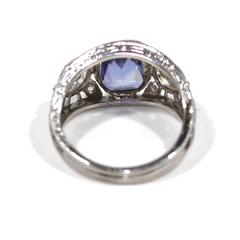 1920 Art Deco Cushion Cut Sapphire and Diamond Three-Stone Cluster Ring