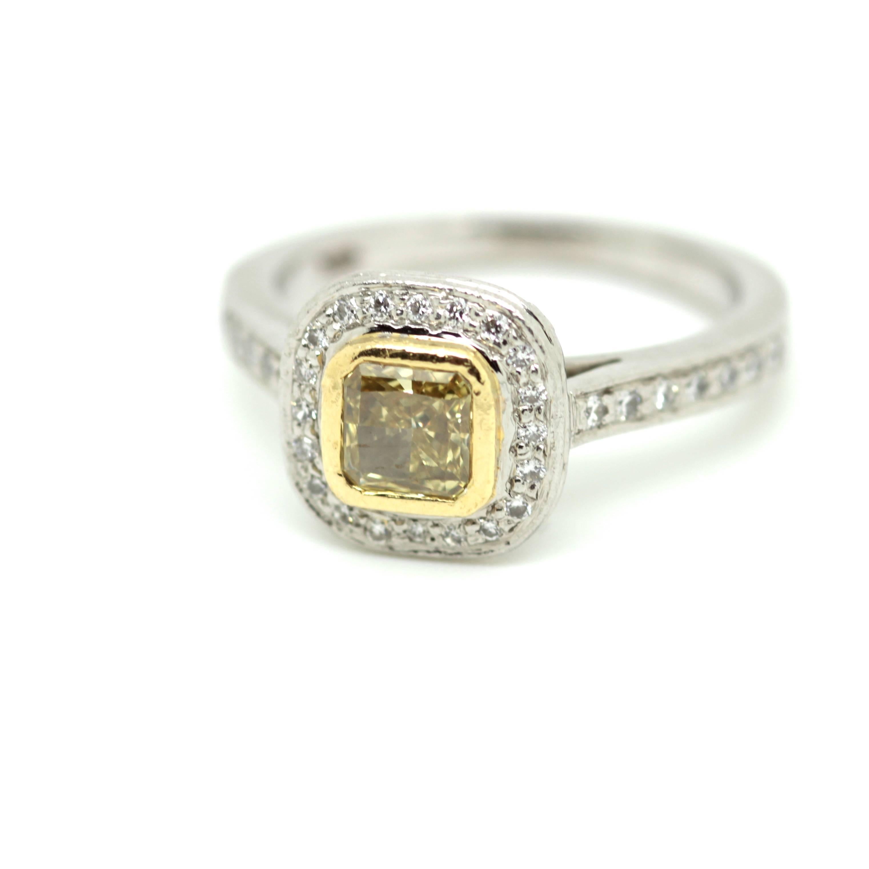 Square Modified Brilliant Fancy Intense Yellow Ring In Excellent Condition For Sale In London, GB