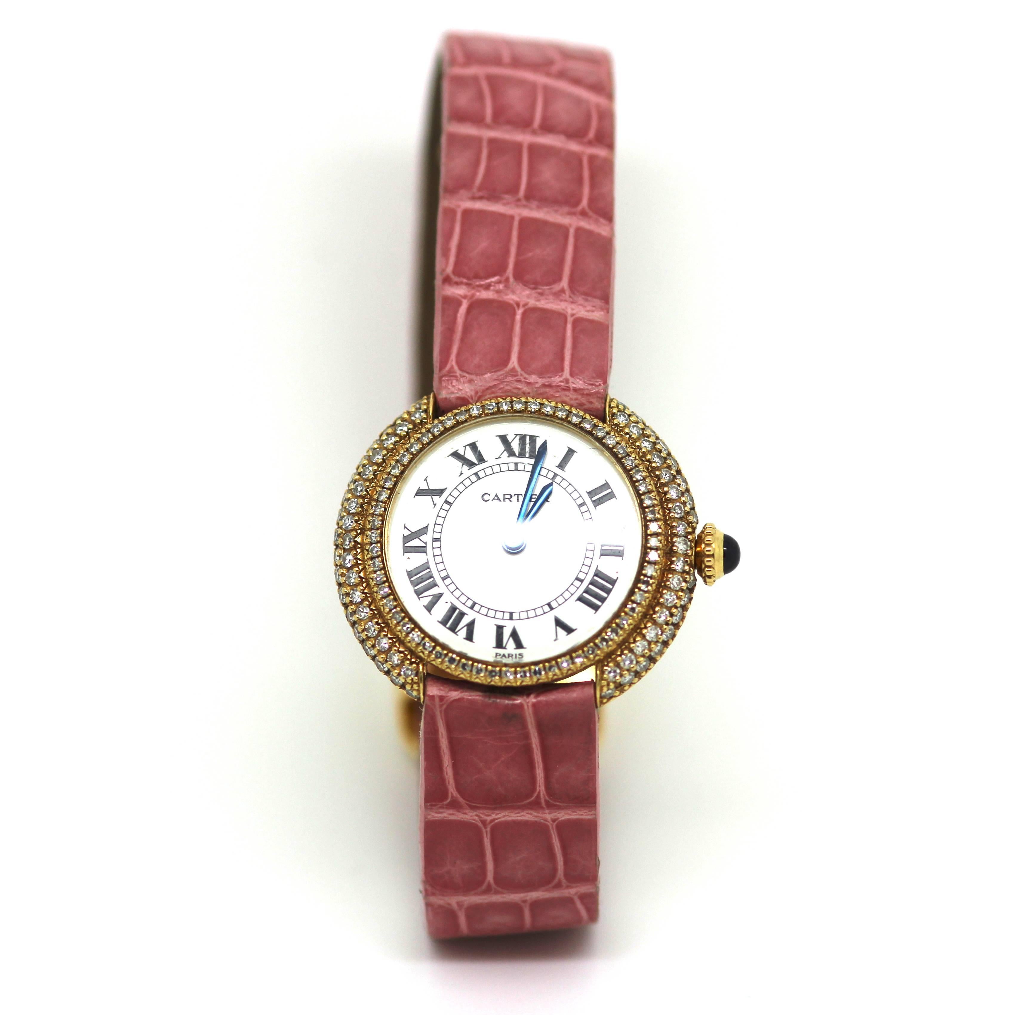 Women's 1980s Cartier White Diamond and Leather Watch For Sale