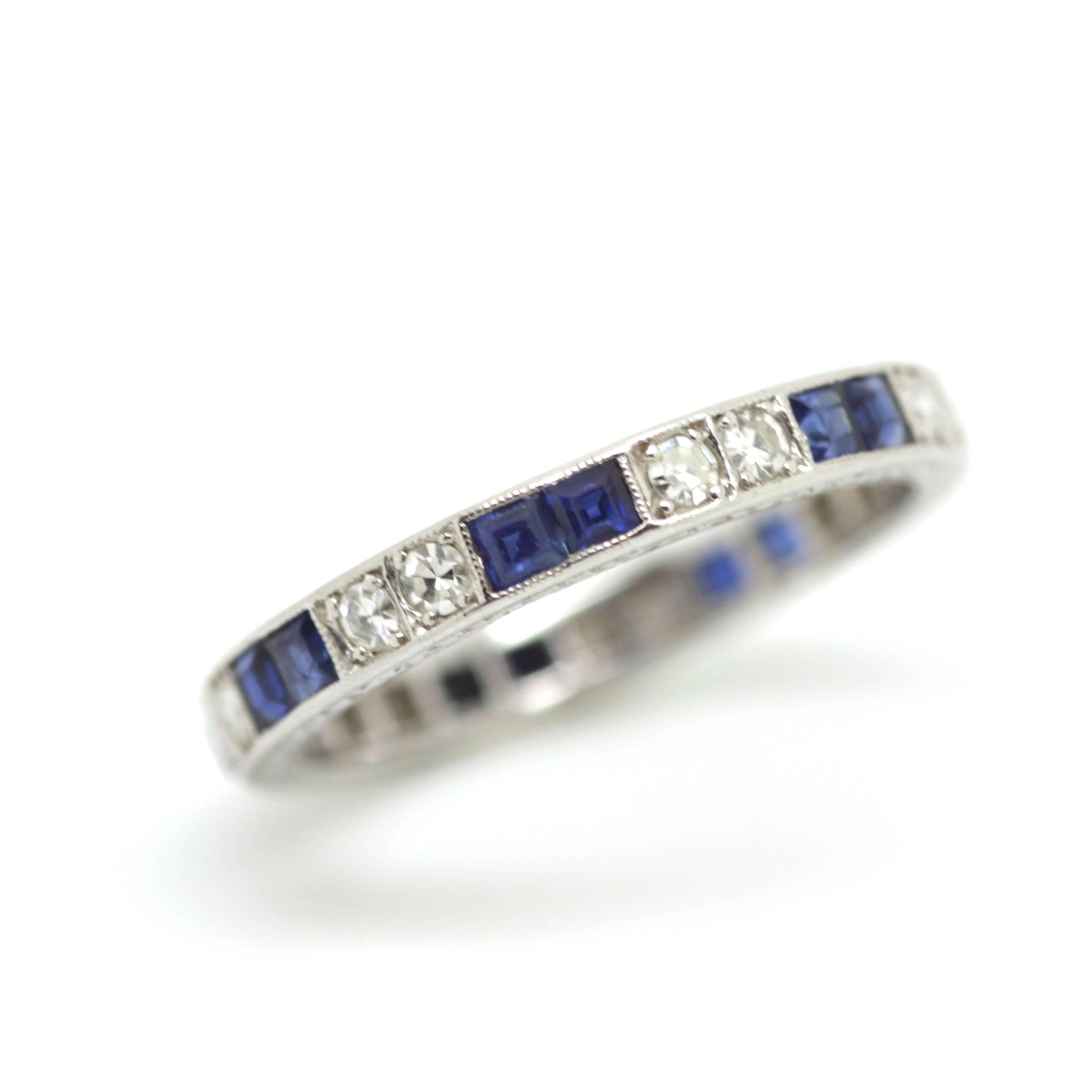 Art Deco Sapphire Diamond Eternity Ring Set in Platinum