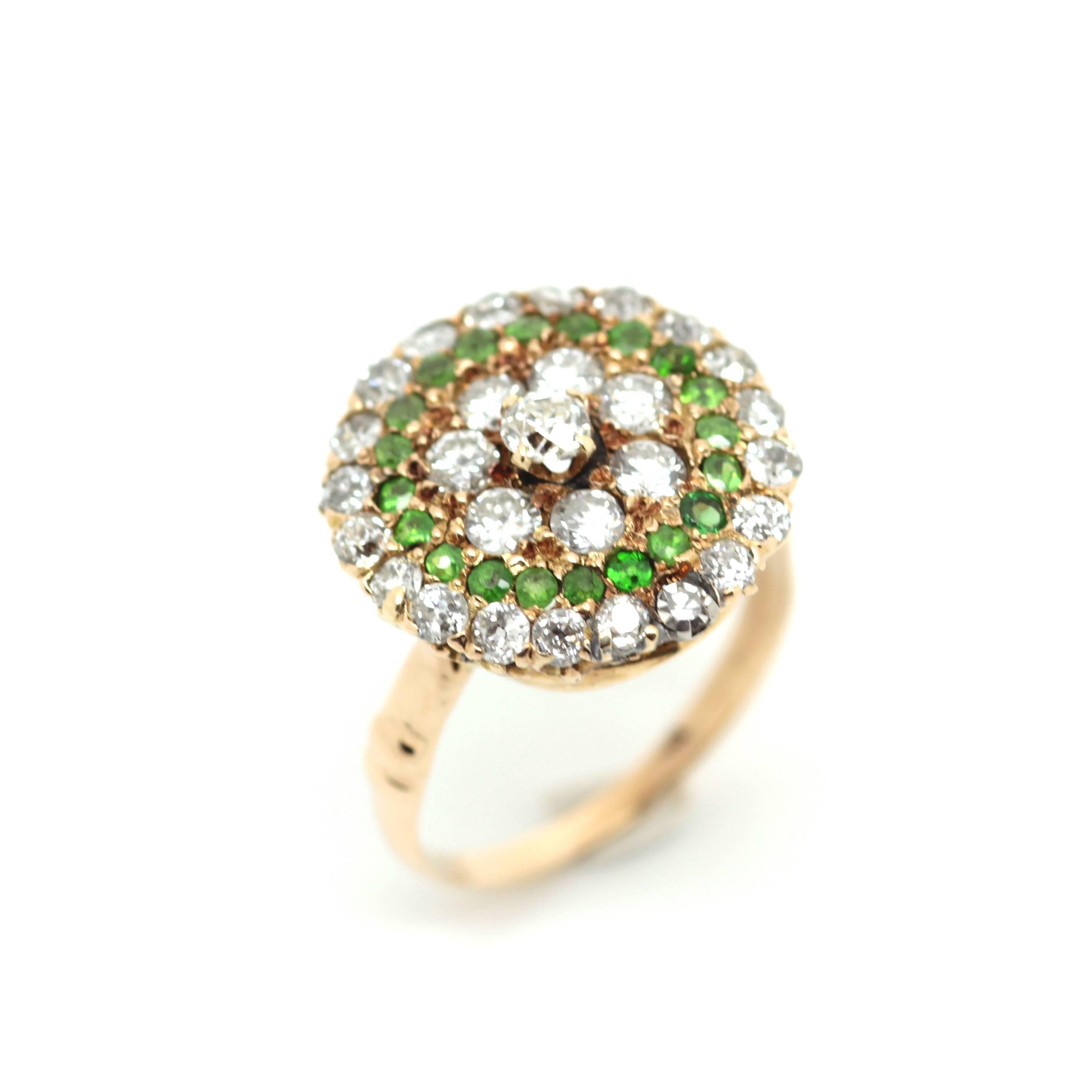 1920's Demantoid Garnet and White Diamond Cluster Cocktail Ring In Excellent Condition For Sale In London, GB